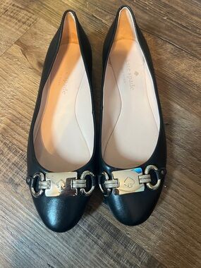 kate spade Black Leather Ballet Flats with Gold Hardware